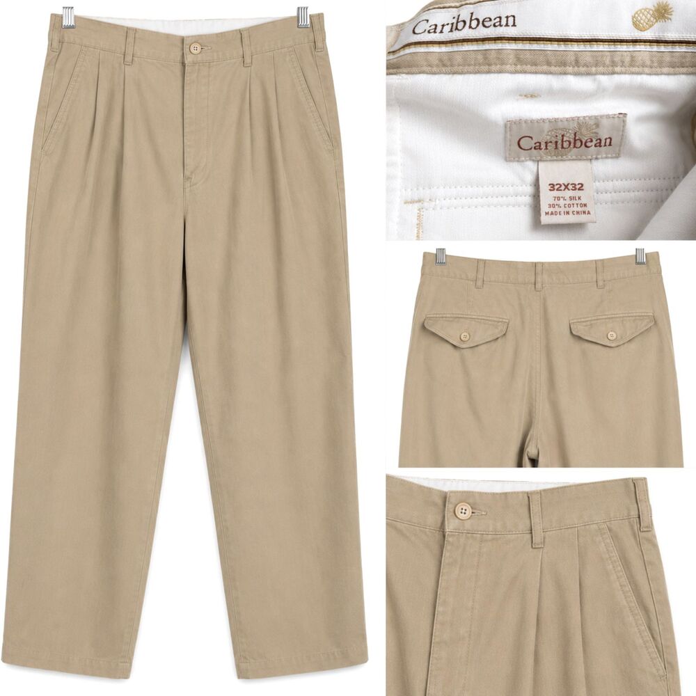Caribbean Men's Pleated Dress Pants 32x32 Beige Silk Cotton Blend Relaxed Fit